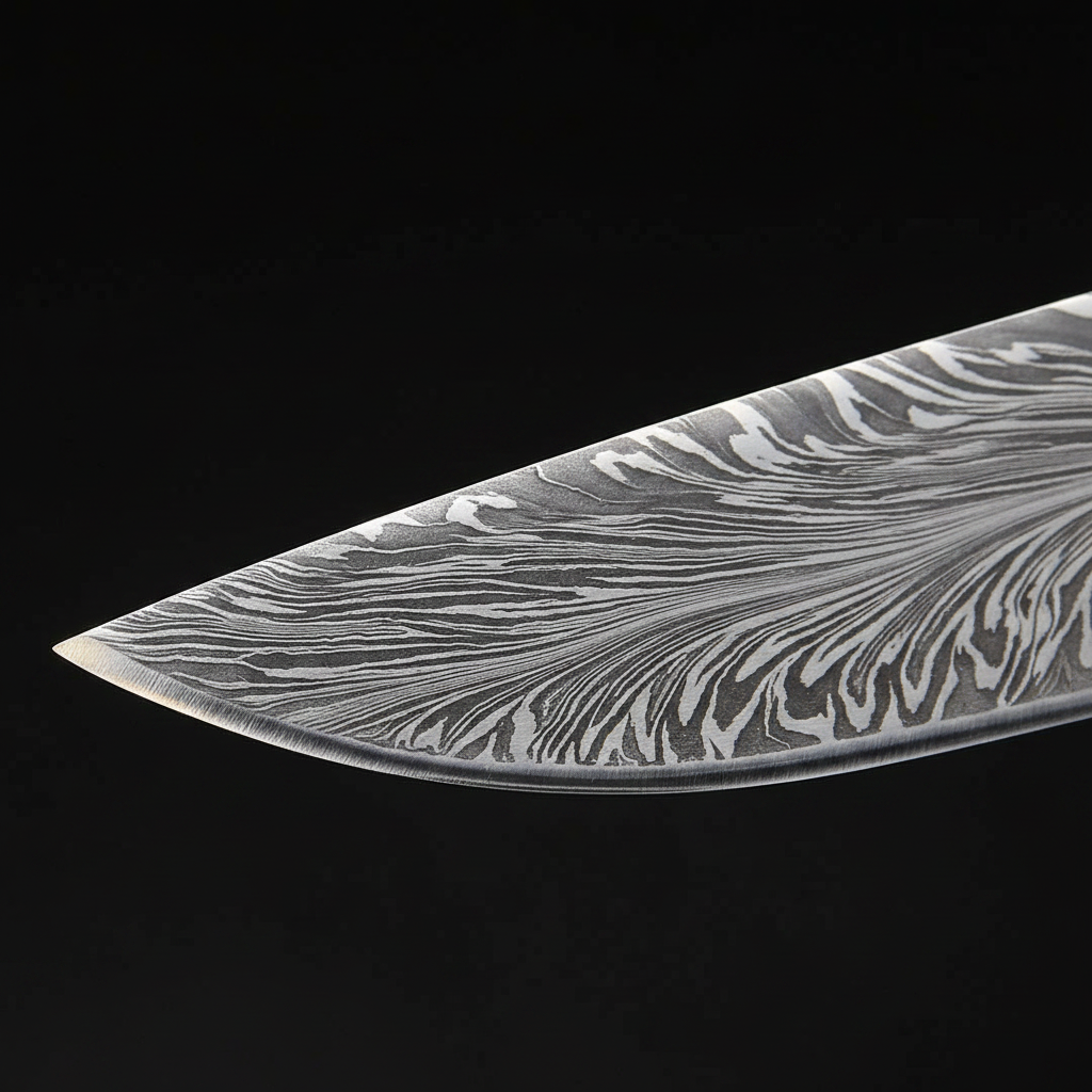 Macro detail of hand-forged Damascus steel blade showing bold feather wing flowing pattern and razor sharp edge on hunting knife