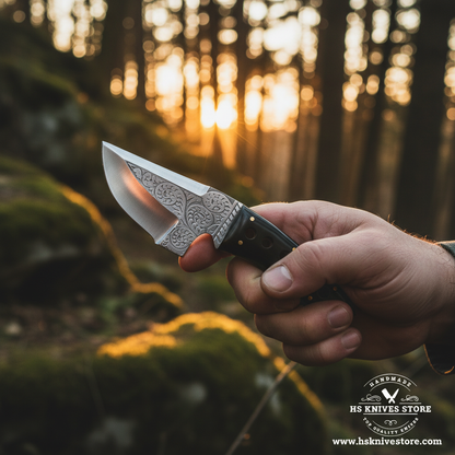 Hand gripping black resin handle J2 steel skinner knife with engraved blade in outdoor forest action shot