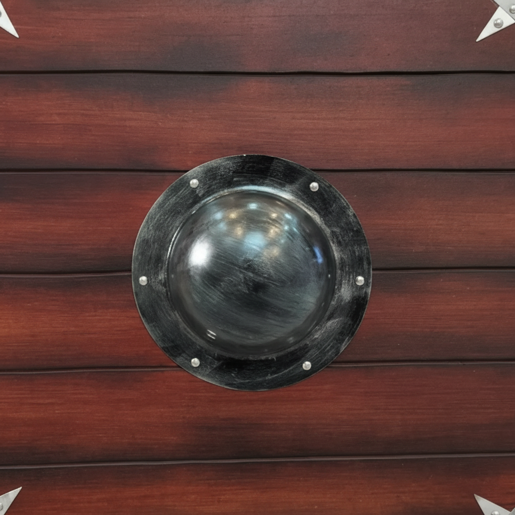 Close-up of raised center boss and wood plank face on a handmade Viking round shield