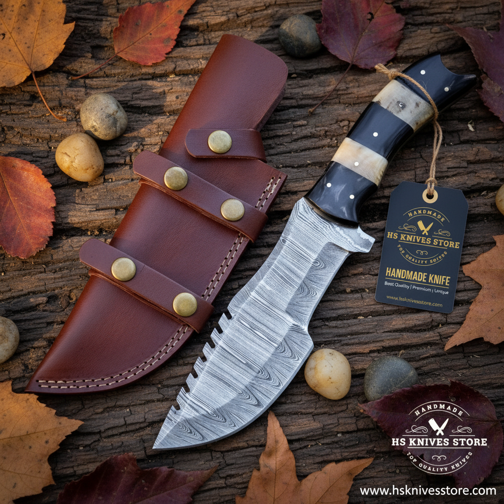 Damascus tracker knife bone buffalo horn handle flat lay dark rustic wood with HS Knives Store hang tag autumn leaves