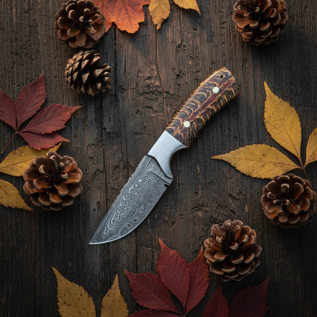 Damascus skinner knife flat lay dark wood pinecone resin handle no sheath
