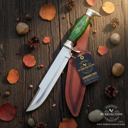 D2 steel Bowie knife green pakkawood handle flat lay on dark rustic wood with HS Knives Store hang tag attached autumn leaves