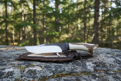 Handmade 1095 steel Bowie knife with stag crown antler handle and fur fringe leather sheath with bone beads lying on outdoor rocks with forest background