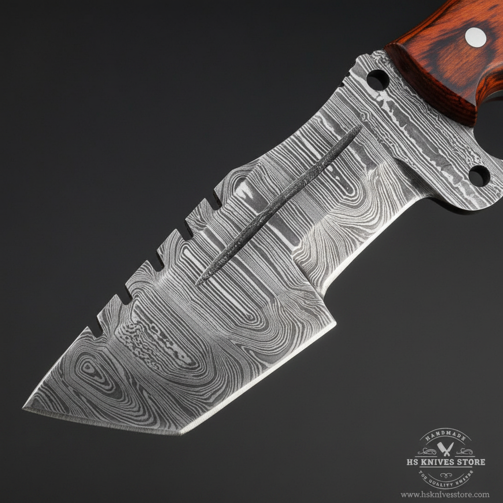 Close-up macro of Damascus steel tracker blade showing bold flowing wood grain ladder Damascus pattern and dark fuller groove and thick spine