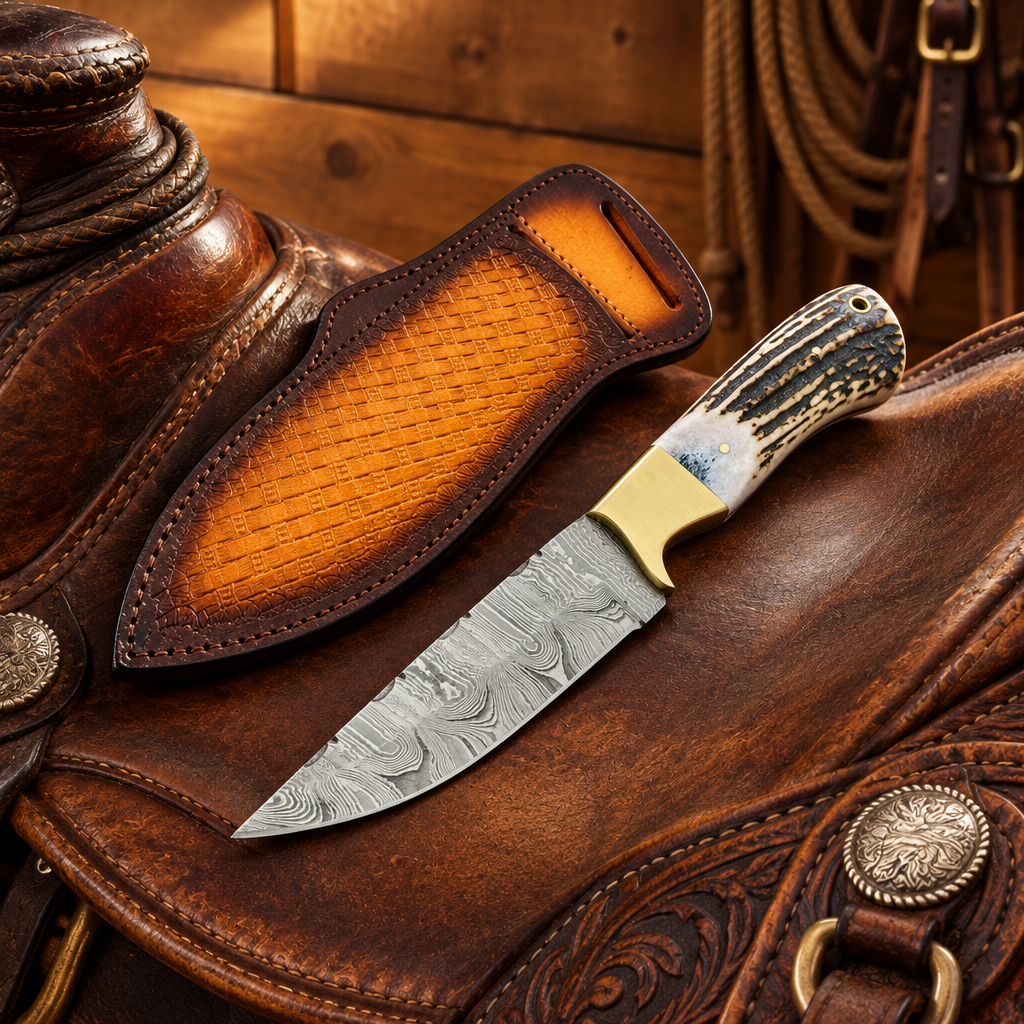 Right-side view of Cowboy Champion Damascus Knife and premium leather sheath on western saddle leather