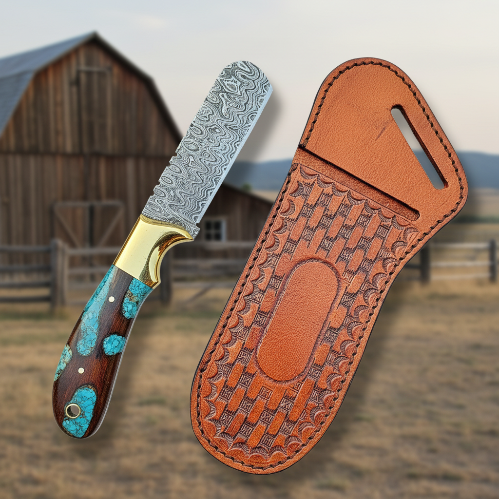 Left-side view of a handmade Damascus bull cutter with wood resin handle near a western barn