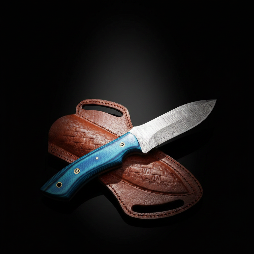 Handmade Damascus steel skinner knife with blue pakkawood handle on black studio background right facing mirror