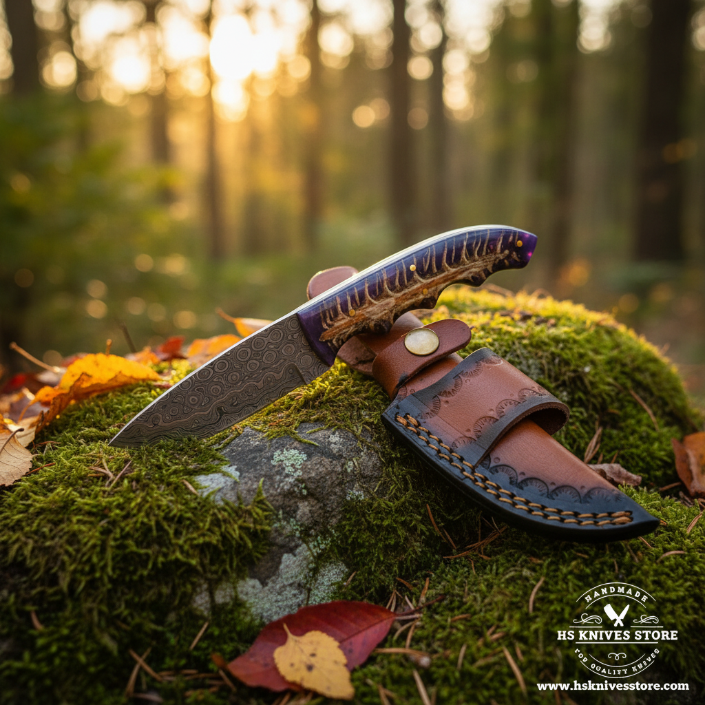 Damascus steel knife with purple resin pine cone stag handle and tan leather sheath on mossy rocks in forest setting