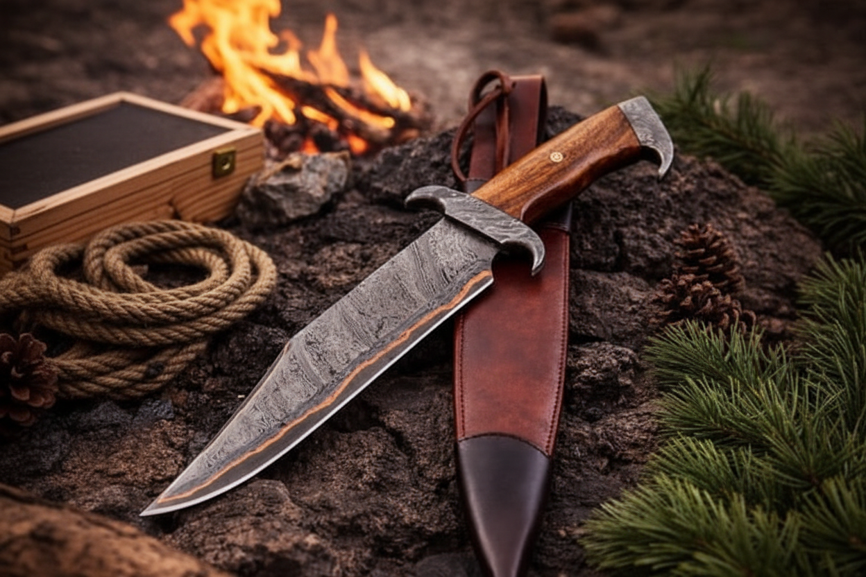 Handmade copper Damascus Bowie knife on dark forest rocks with campfire glow outdoor adventure photography