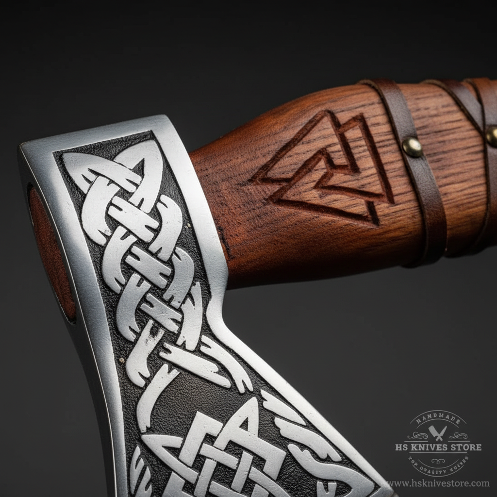 Close-up macro of Viking axe head showing deeply etched Celtic knot interlace pattern and Norse Viking designs on polished silver steel