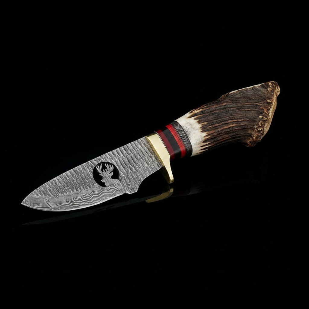 Damascus skinner knife black studio left facing mirror shot