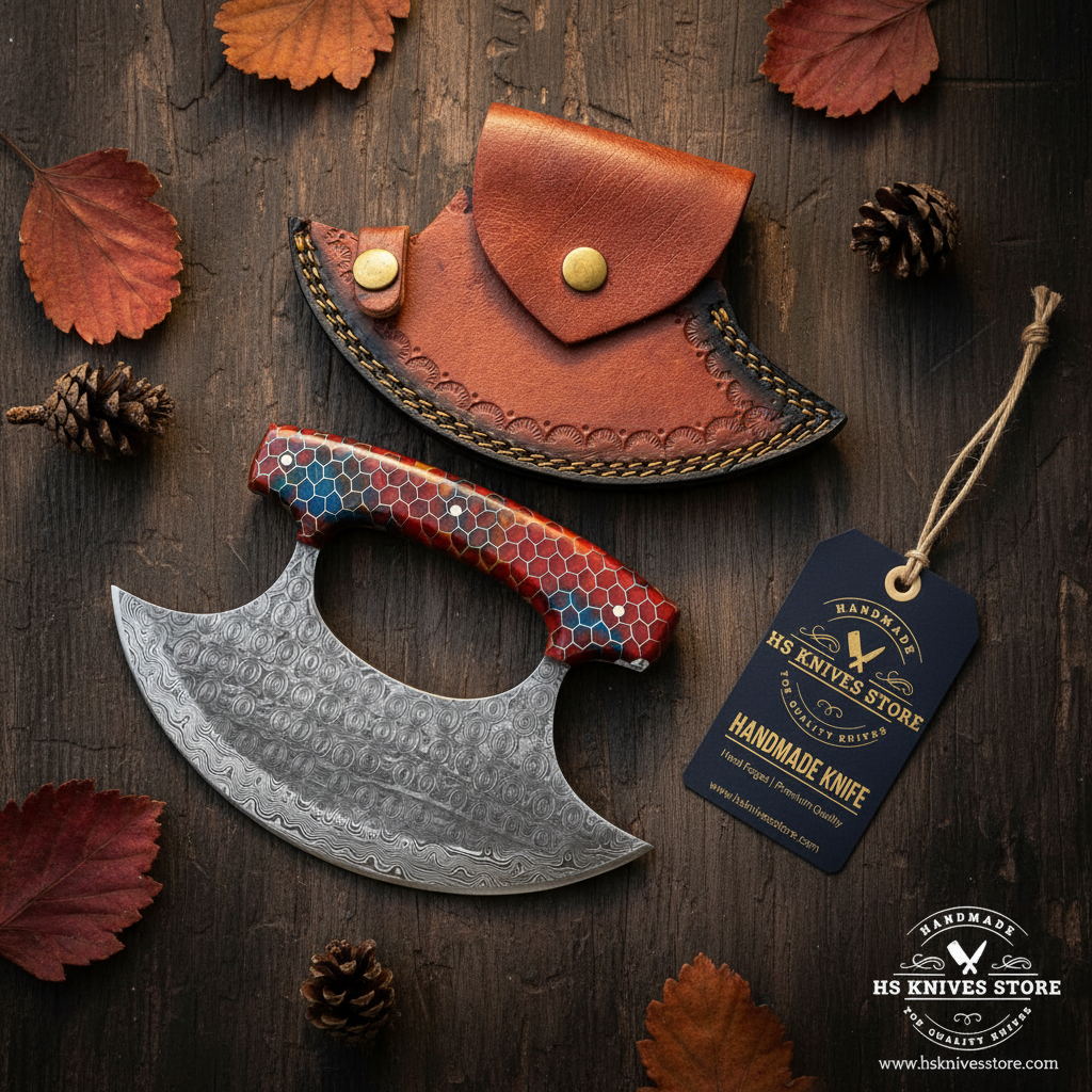 Damascus ulu knife flat lay with honeycomb resin handle and HS Knives Store hang tag on rustic dark wood with autumn leaves