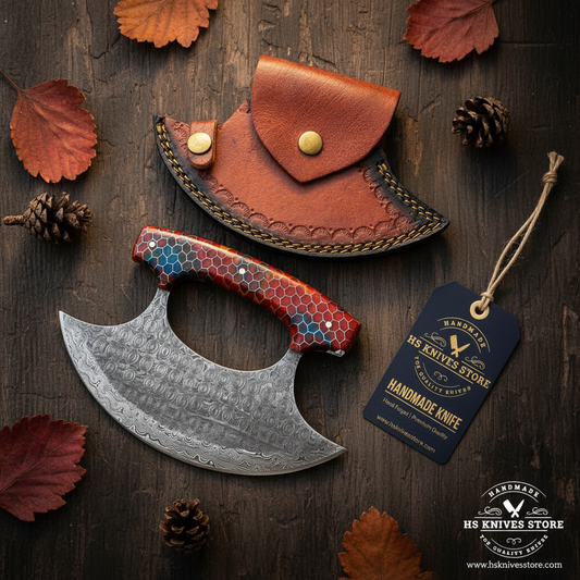 Damascus ulu knife flat lay with honeycomb resin handle and HS Knives Store hang tag on rustic dark wood with autumn leaves