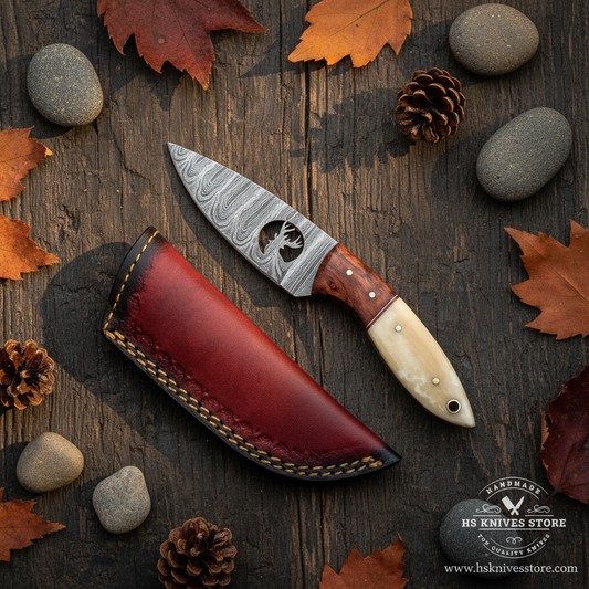 Damascus steel skinner knife moose etching flat lay on dark rustic wood surface with autumn leaves and pine cones