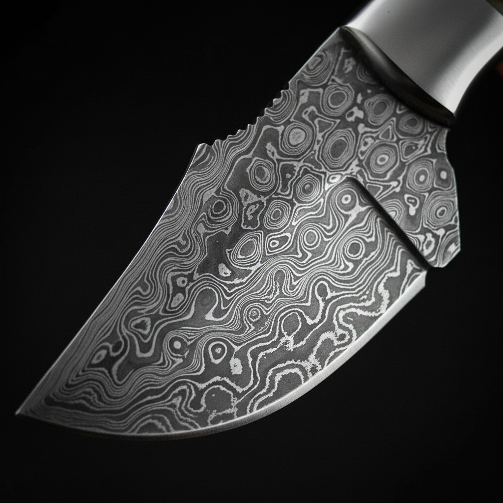 Raindrop Damascus steel blade pattern close-up hand forged skinner knife