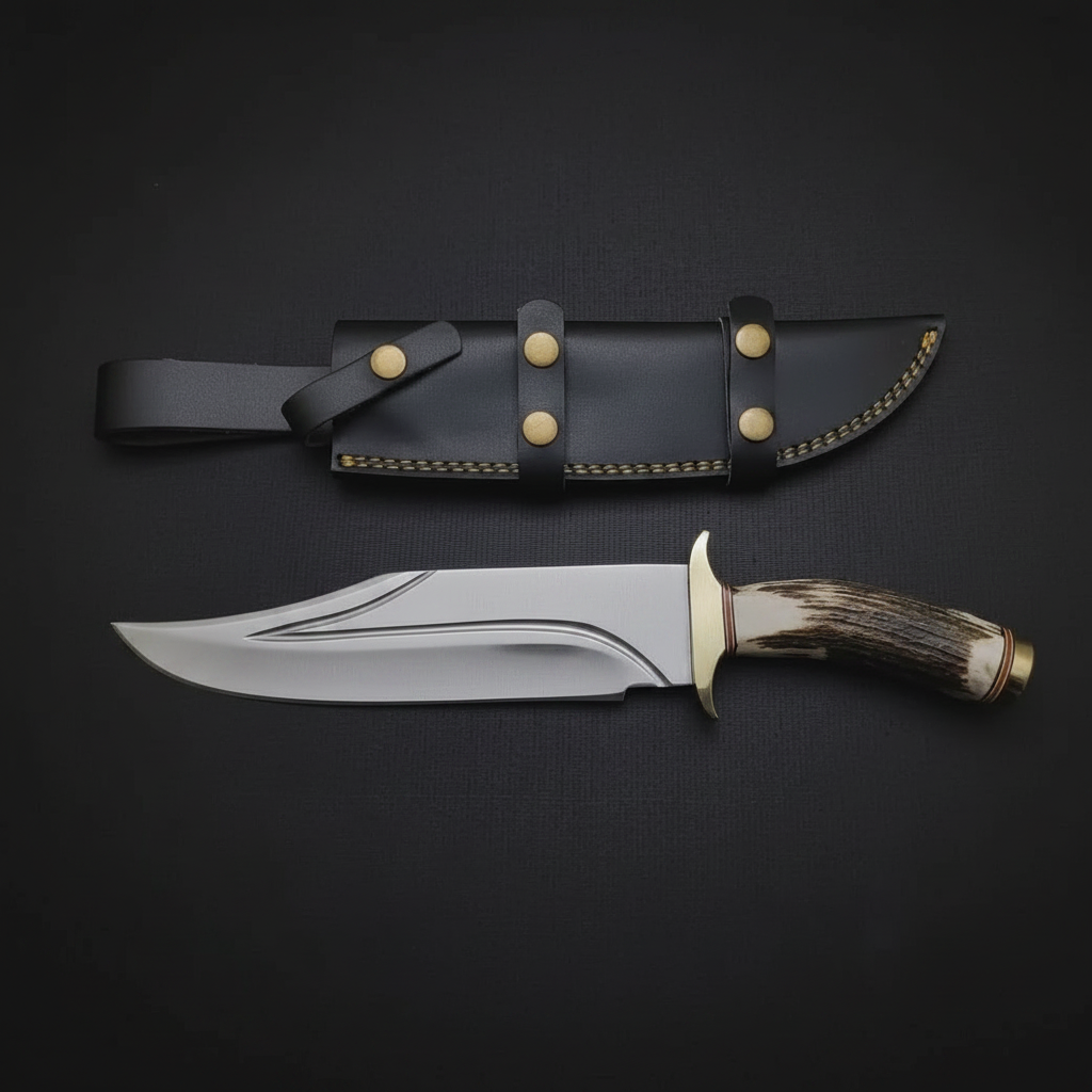 Handmade D2 steel Bowie knife stag antler handle brass guard black studio shot mirror left facing