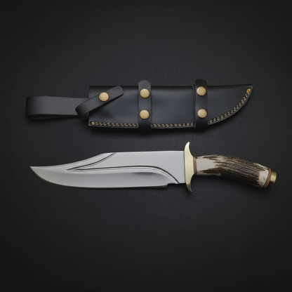 Handmade D2 steel Bowie knife stag antler handle brass guard black studio shot mirror left facing