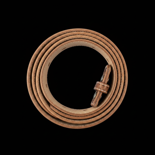 Hand-tooled western leather belt basket weave engraving coiled black background studio shot
