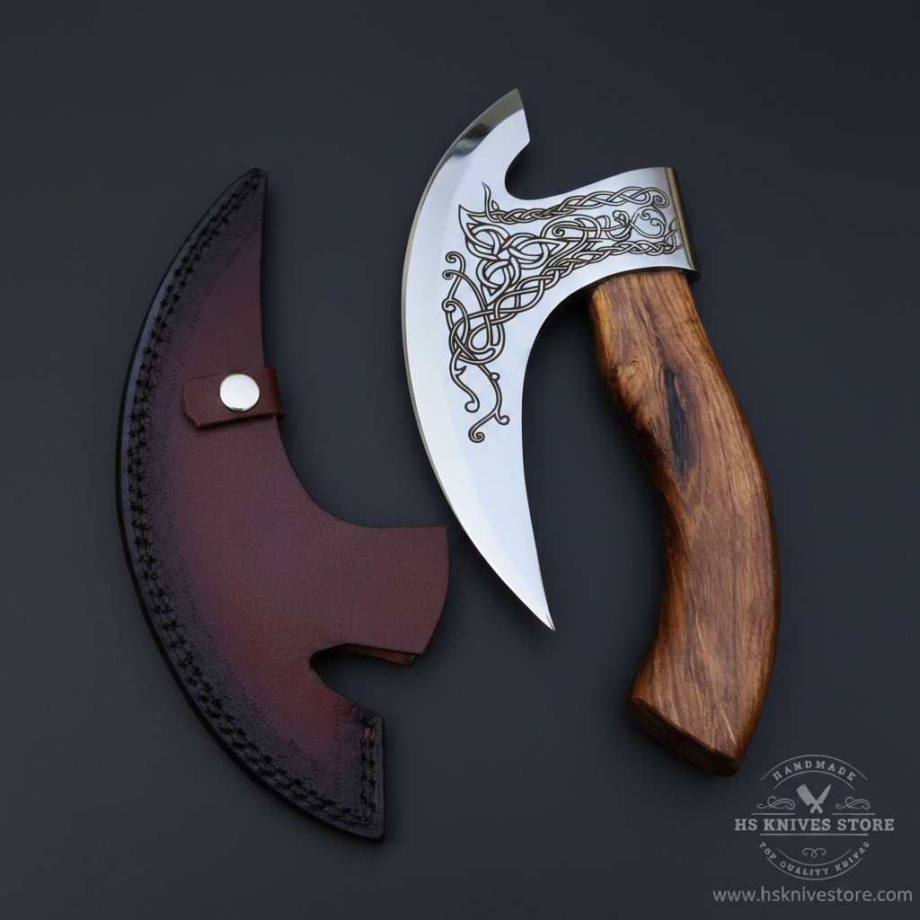 Viking pizza axe Celtic etched blade walnut handle dark burgundy leather sheath dark charcoal studio background right