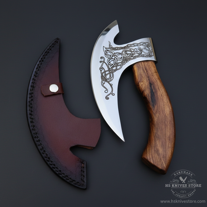 Viking pizza axe Celtic etched blade walnut handle dark burgundy leather sheath dark charcoal studio background right