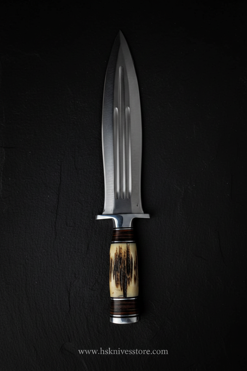 Handmade Bowie knife vertical luxury display on dark slate www.hsknivesstore.com