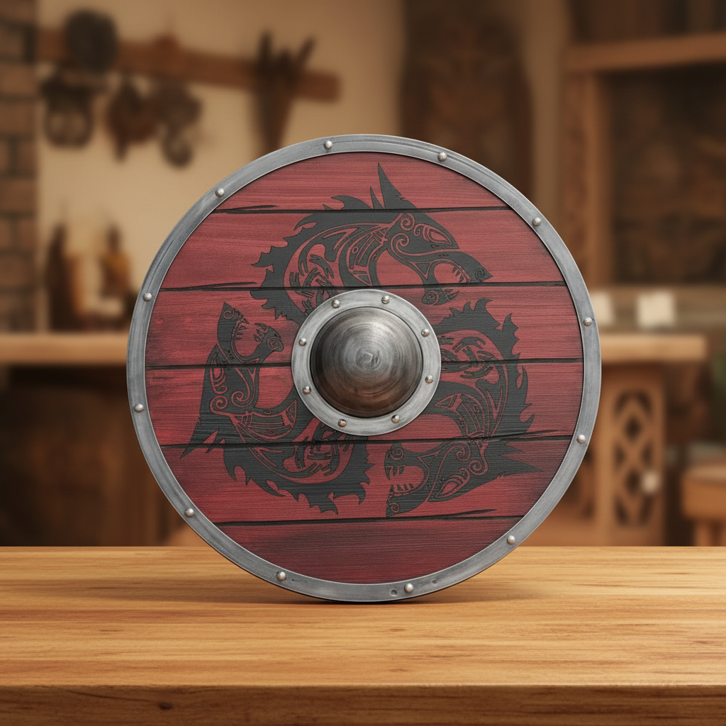 Round red wooden Viking shield with silver riveted rim, raised center boss, and dark Norse artwork on a timber table