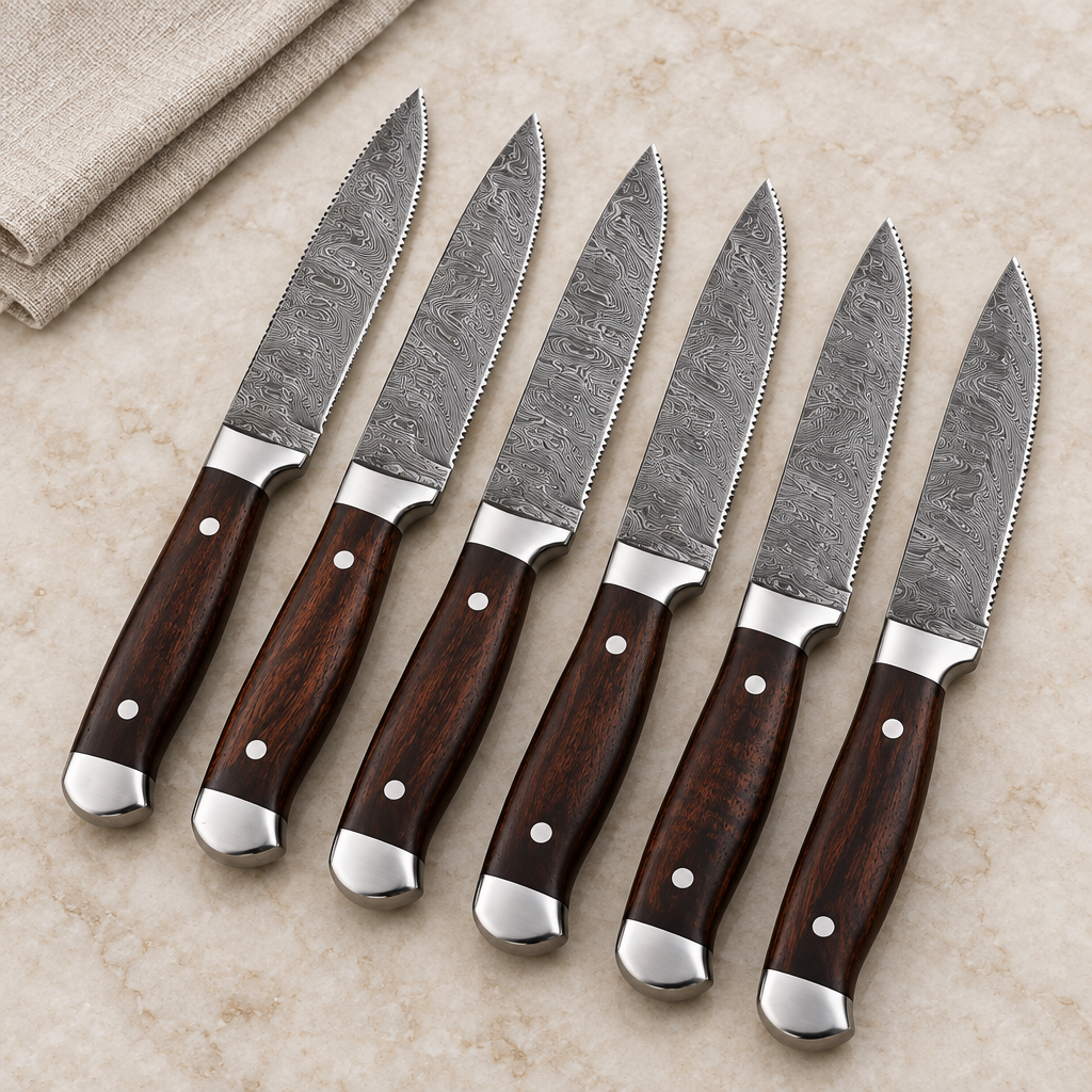 Reverse view of six patterned Damascus steak knives with wooden handles and silver-tone end caps