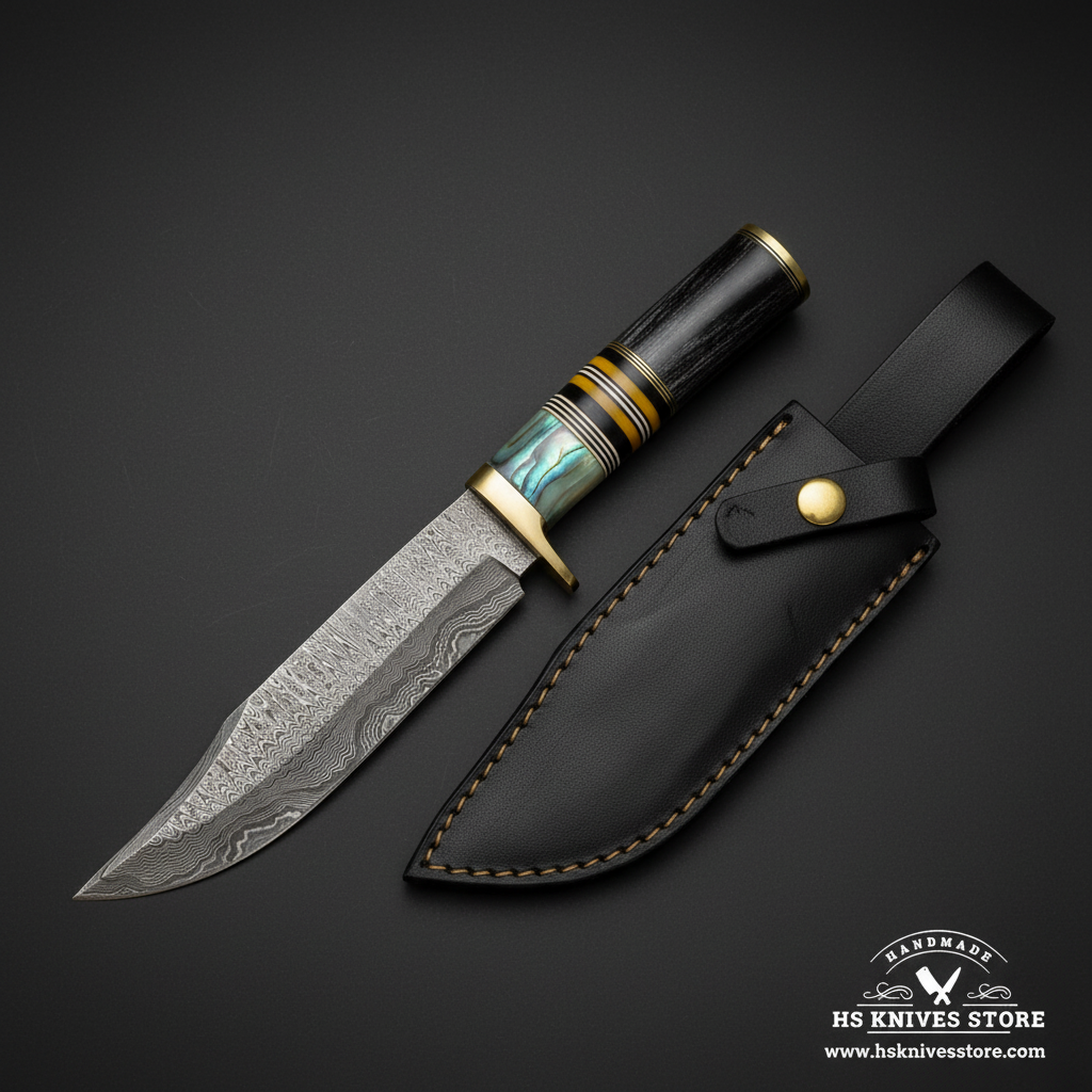 Damascus Bowie knife with abalone resin spacer horn handle and black leather sheath mirror view on dark charcoal background