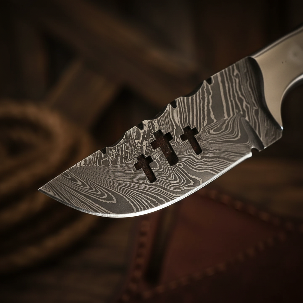 Damascus steel skinner knife blade macro showing intricate wave pattern and razor sharp curved skinner edge
