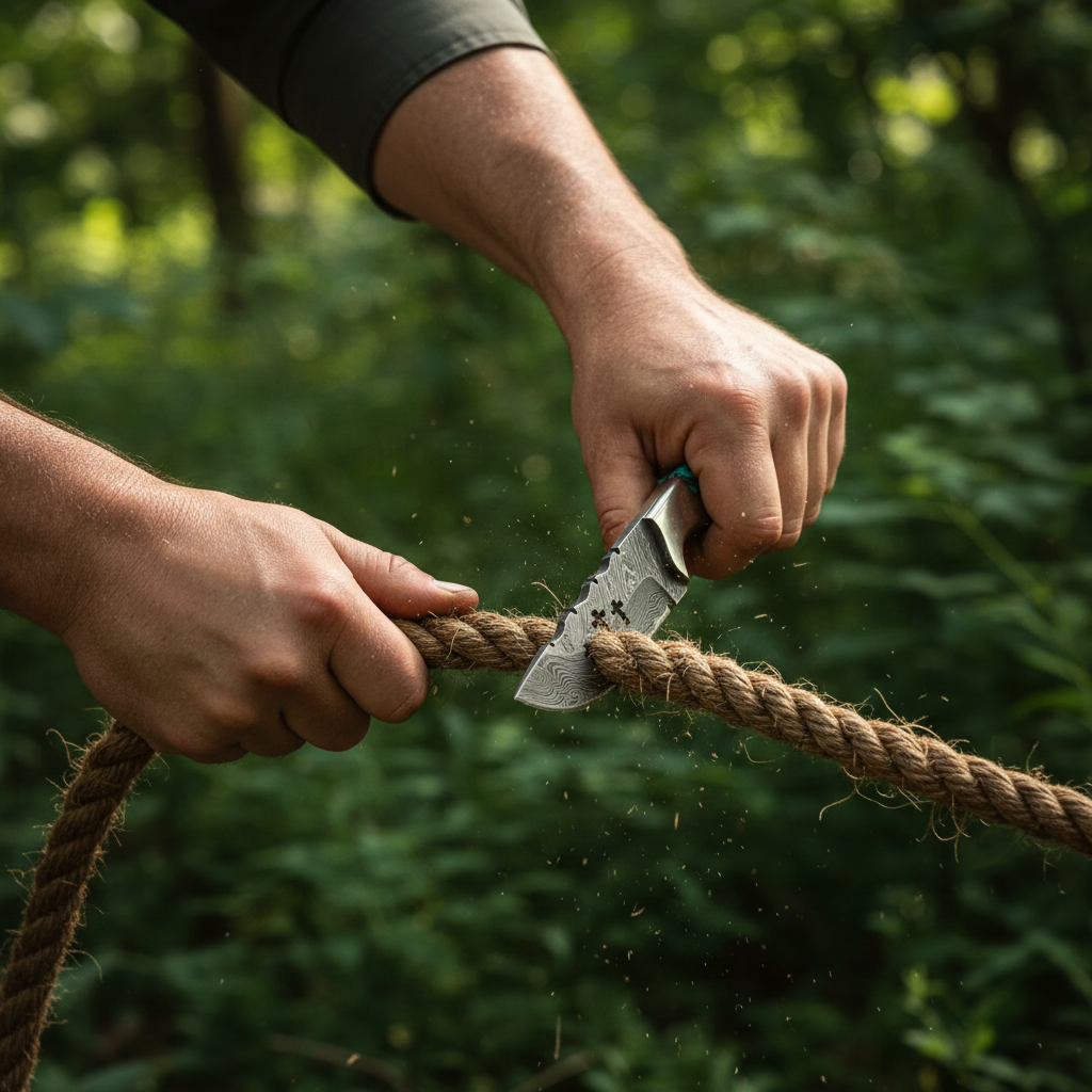 Close-up hands gripping Damascus skinner knife turquoise resin handle cutting rope outdoor action shot