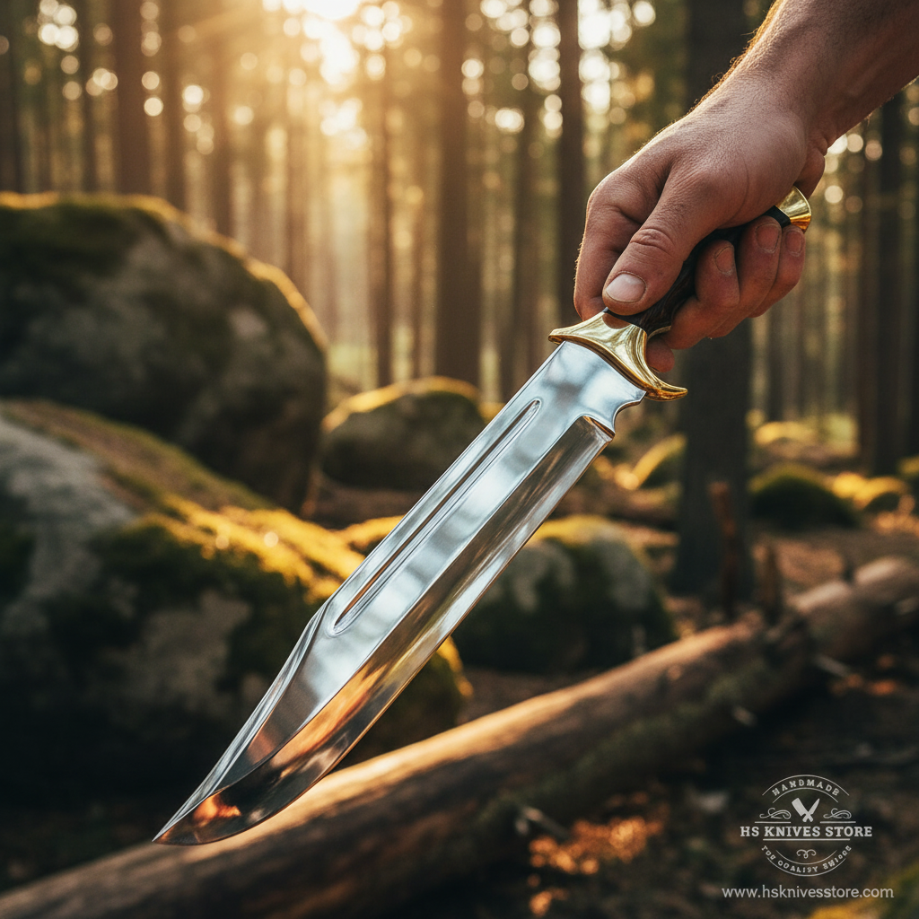 Hunter hand gripping dark rosewood handle D2 steel Bowie knife in action pose outdoor forest golden sunlight