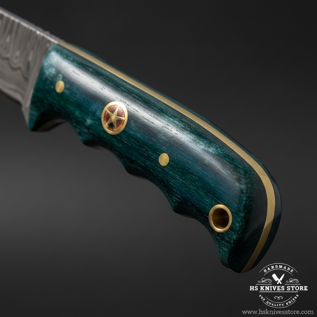 Macro close-up of dark teal dyed camel bone knife handle showing smooth finish and brass star concho pin detail