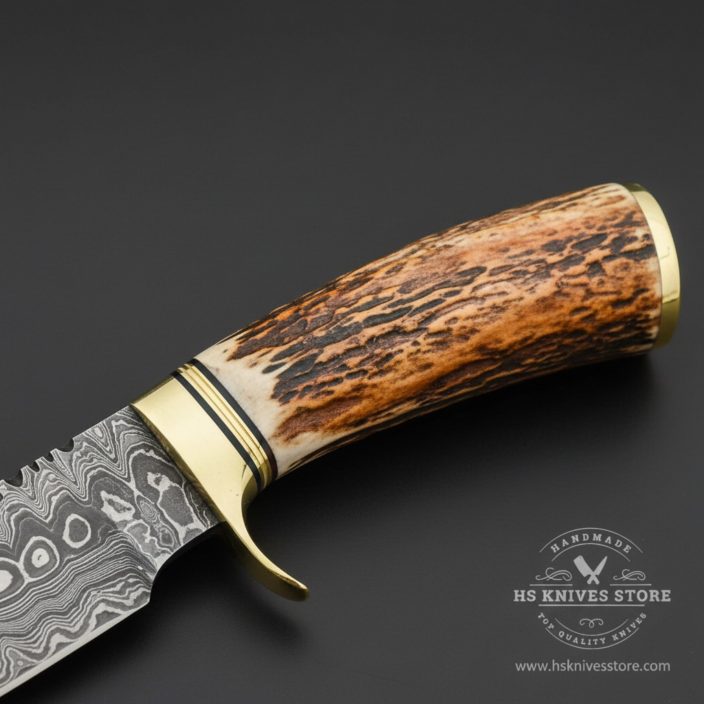 Close-up macro of natural stag antler handle with warm brown texture and dark crown base and brass collar bolster with black spacer ring