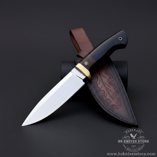 D2 steel hunting knife black G10 handle brass bolster dark brown floral embossed leather sheath dark charcoal studio mirror