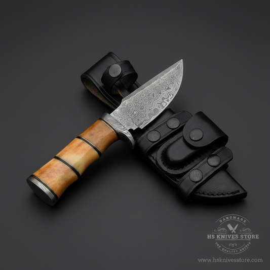 Damascus steel skinner knife camel bone handle black spacer rings finger choil black leather sheath dark charcoal studio mirror