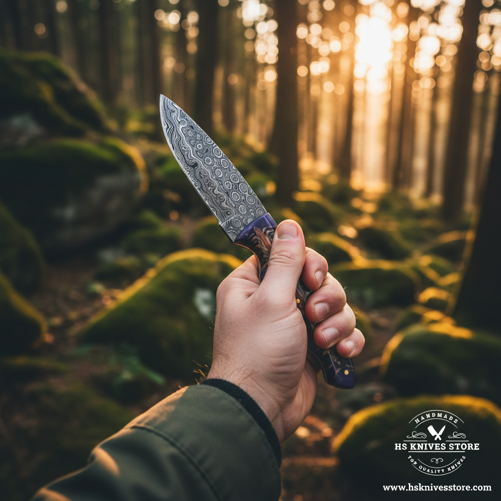 Hand gripping purple resin pine cone stag handle Damascus knife in outdoor forest action shot with golden hour light