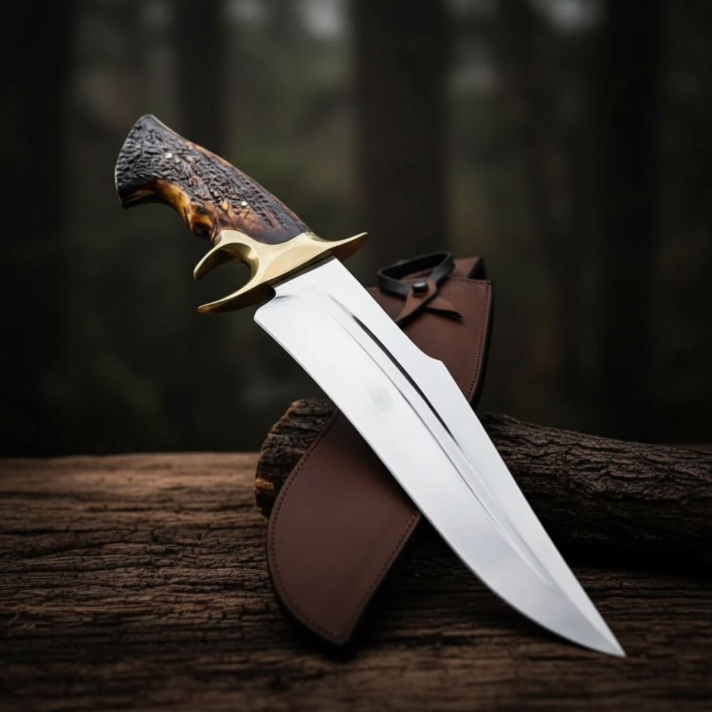 Handmade Bowie knife on dark wooden surface studio shot