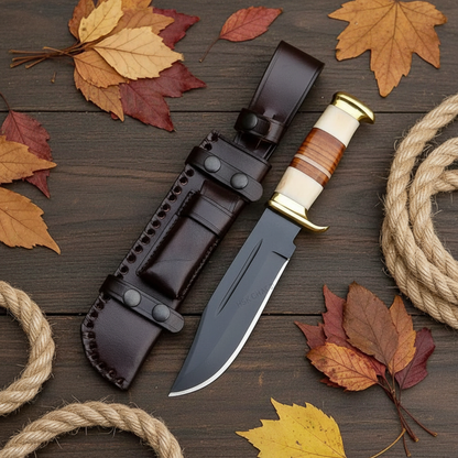 Handmade hunting knife stacked leather handle flat lay rustic wood surface black leather sheath
