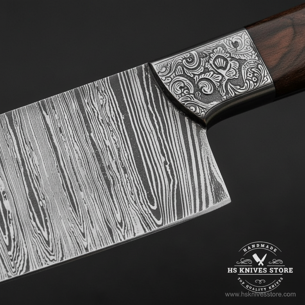 Damascus steel chef knife blade ladder pattern macro close-up engraved bolster detail