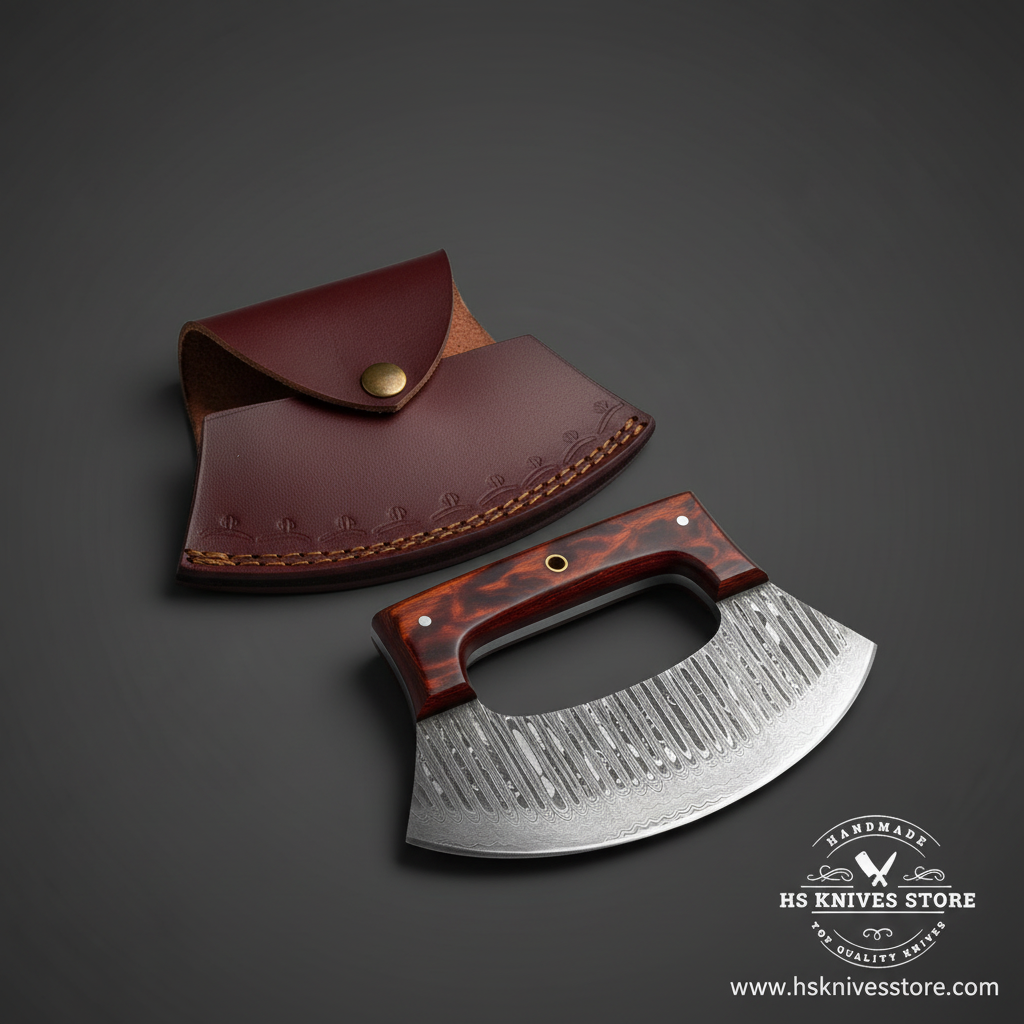 Damascus steel ulu knife with tortoiseshell amber resin handle and dark burgundy crescent leather sheath on dark charcoal background studio shot