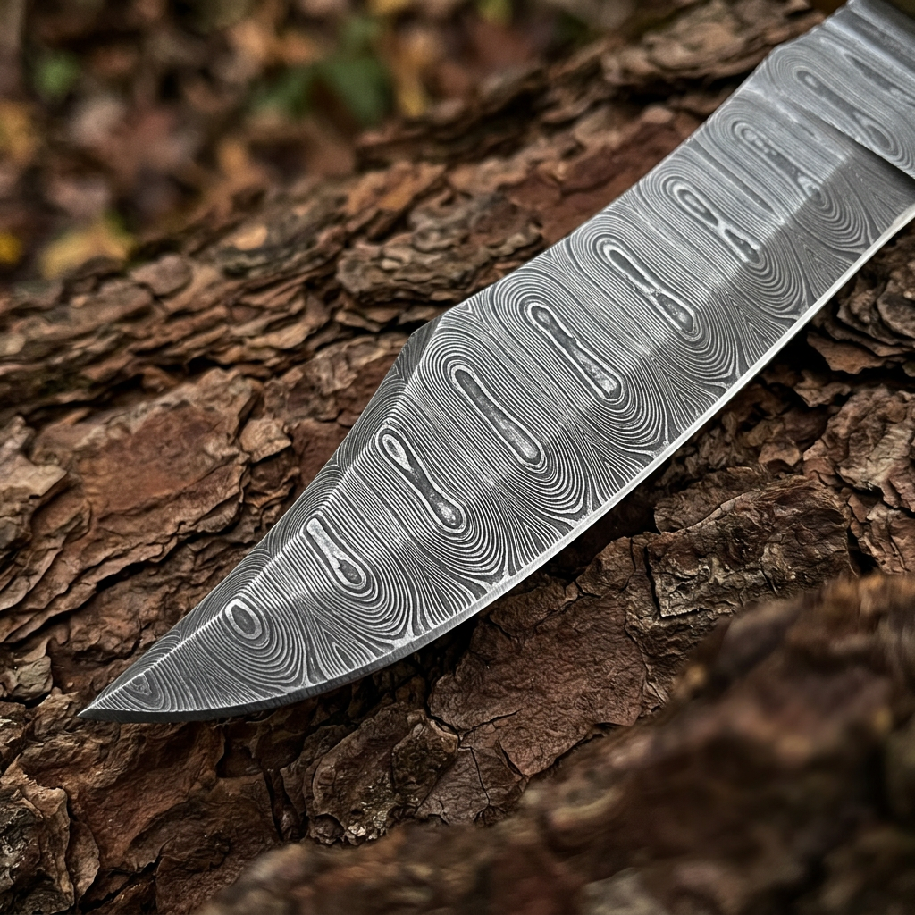 Blade macro showing elongated layered Damascus patterns