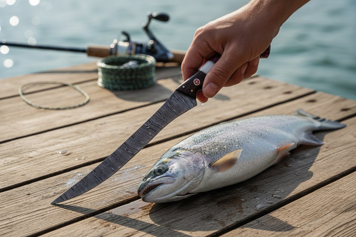 Fisherman hand gripping Damascus steel fillet knife with red honeycomb handle beside freshly caught fish on wooden dock lifestyle fishing photography