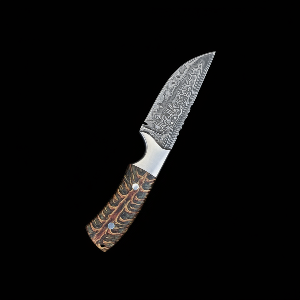 Handmade Damascus skinner knife pinecone resin handle vertical black background