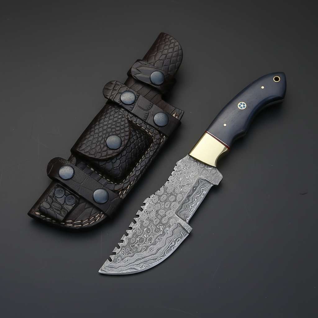 Hand forged Damascus tracker knife with blue colored bone handle and brass bolster on dark charcoal gray studio background right facing