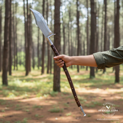 One-hand face-free outdoor presentation of a single fantasy spear with broad steel head and rosewood shaft