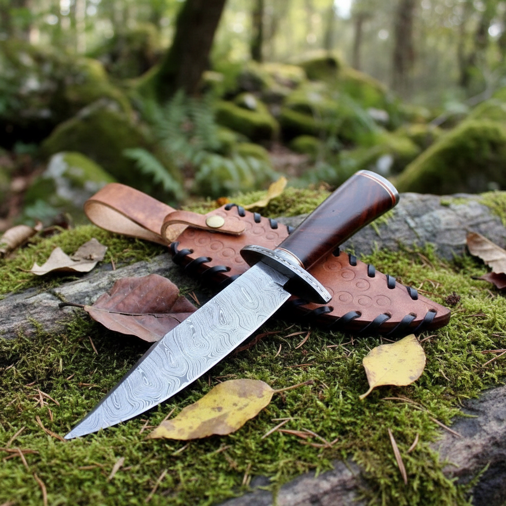 Damascus Bowie knife with rosewood handle resting on mossy rocks in outdoor forest setting
