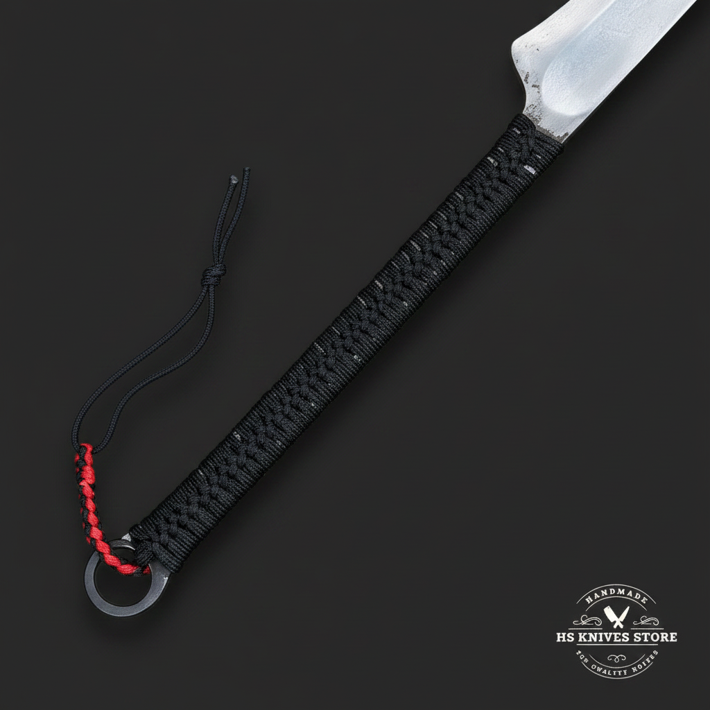 Close-up of black paracord handle wrap, full tang detail, lanyard hole, and red black lanyard