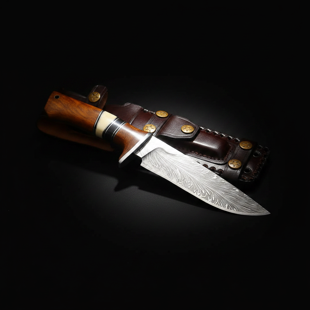 Handmade Damascus steel hunting knife with rosewood handle and steel bolster on black studio background right facing