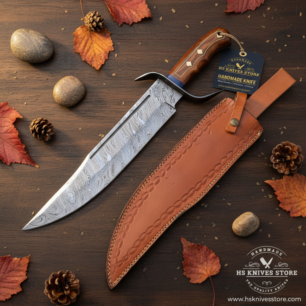Damascus steel Bowie knife rosewood handle flat lay on dark rustic wood with HS Knives Store hang tag attached autumn leaves pine cones