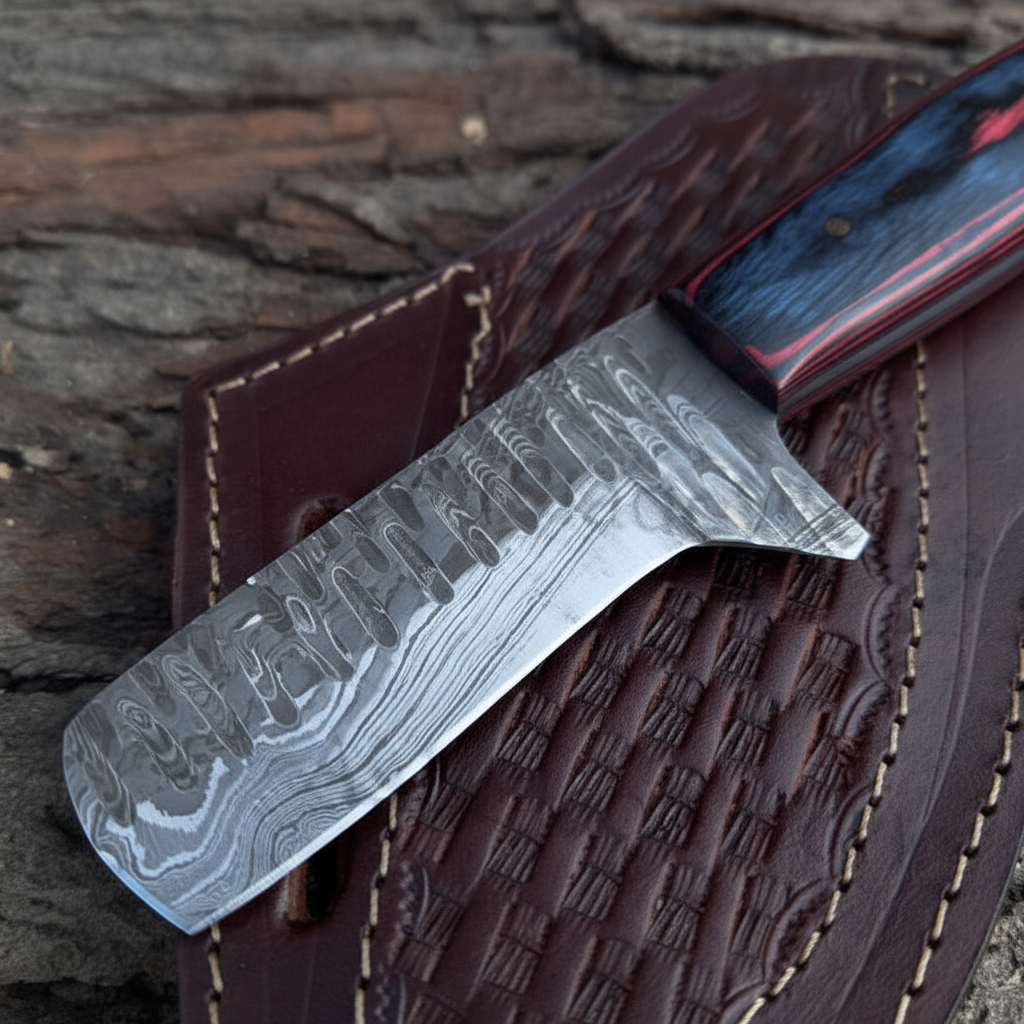 Close-up of the patterned Damascus blade on a handmade Pakka wood cowboy knife